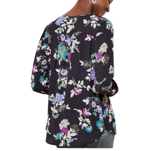 Ann Taylor LOFT Floral Keyhole Tunic Blouse Top Size Small Multicolor Black - Picture 2 of 10